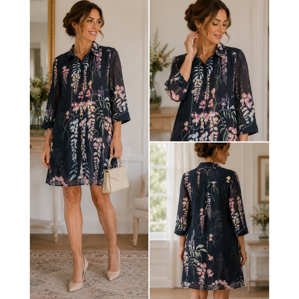 City Chic Floral Wisteria Sheer Button Down Tunic Top Navy Blue Plus Size L/20